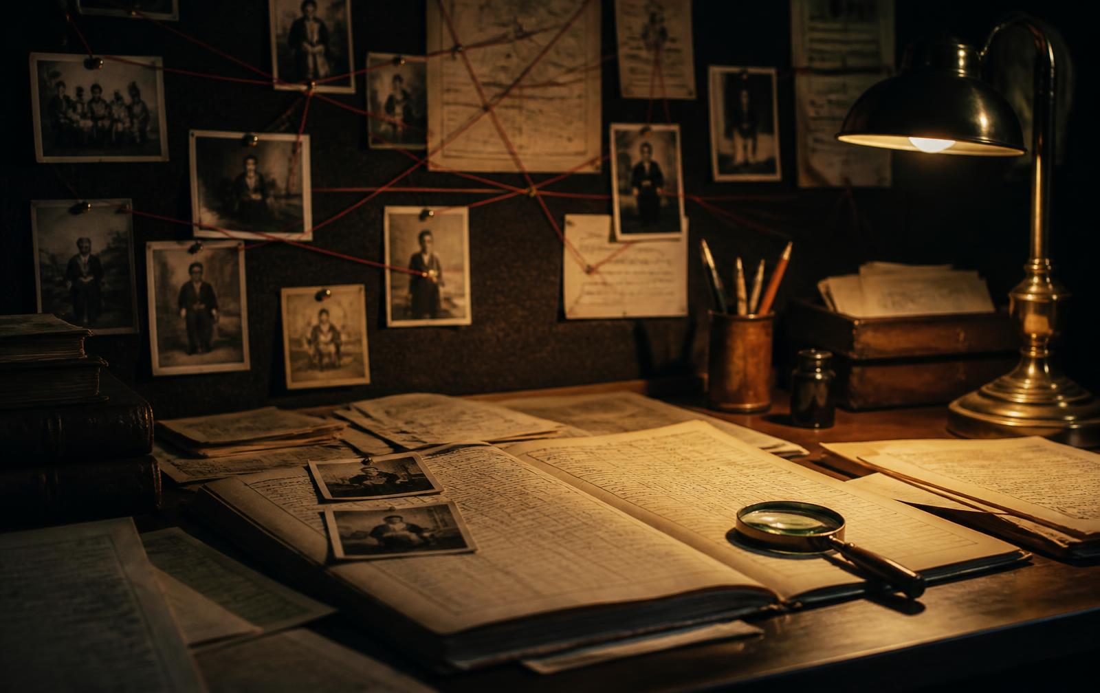 Research desk with census ledgers, sepia family photographs and a corkboard of pinned documents connected by red string